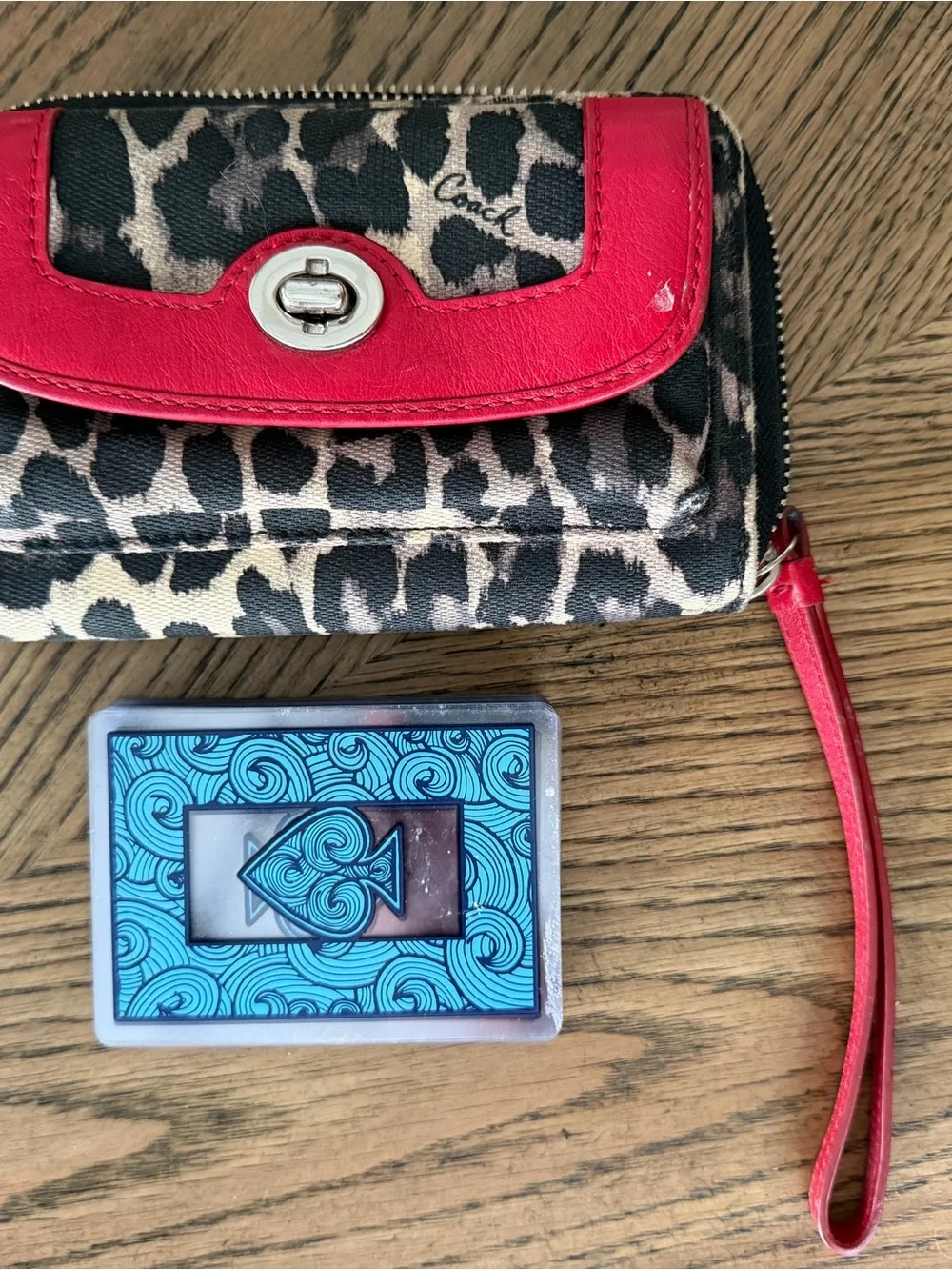 Coach Leopard Print Wristlet with Red Trim